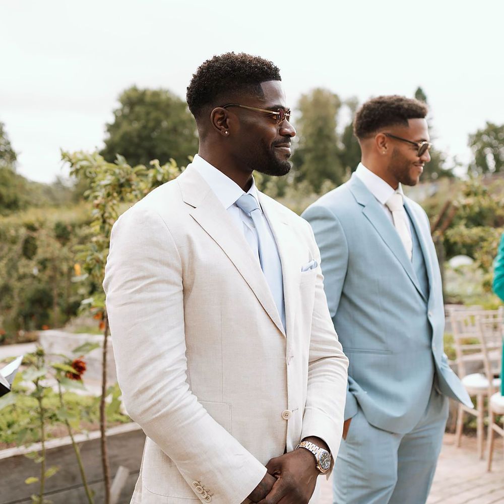 Light blue best man wedding suit and white groom suit