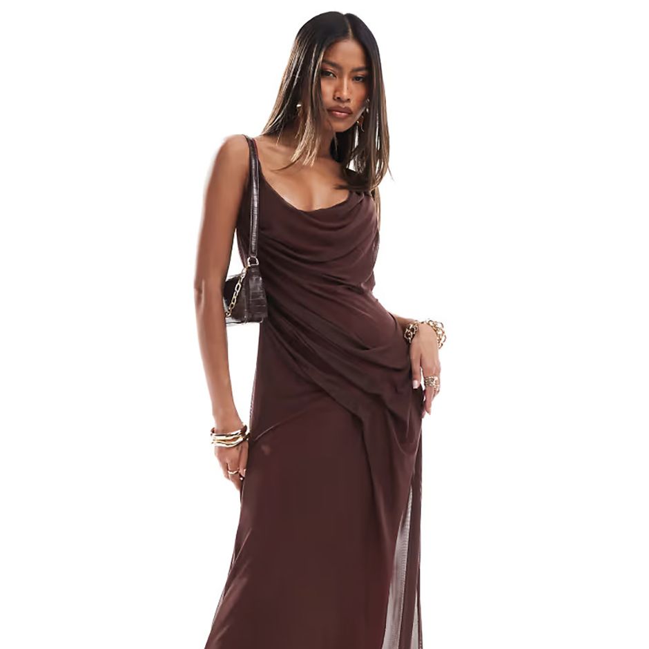 cocktail wedding guest maxi dress, featuring mesh seam detail, cami straps in brown with contrast lining