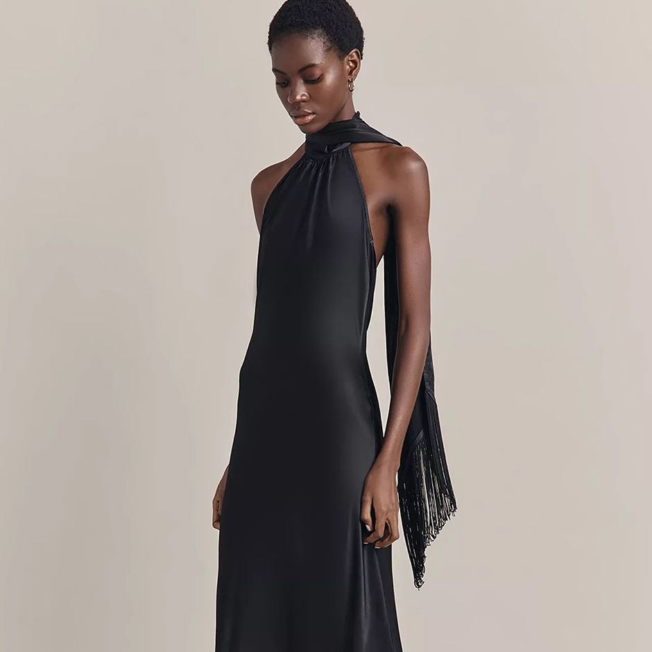 halter-neck backless cocktail wedding guest dress in black with scarf