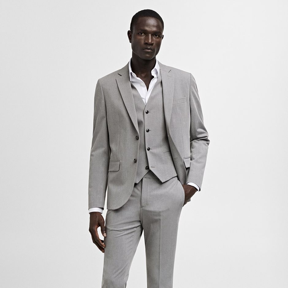 grey cocktail suit attire for men, featuring super slim-fit design in stretch fabric