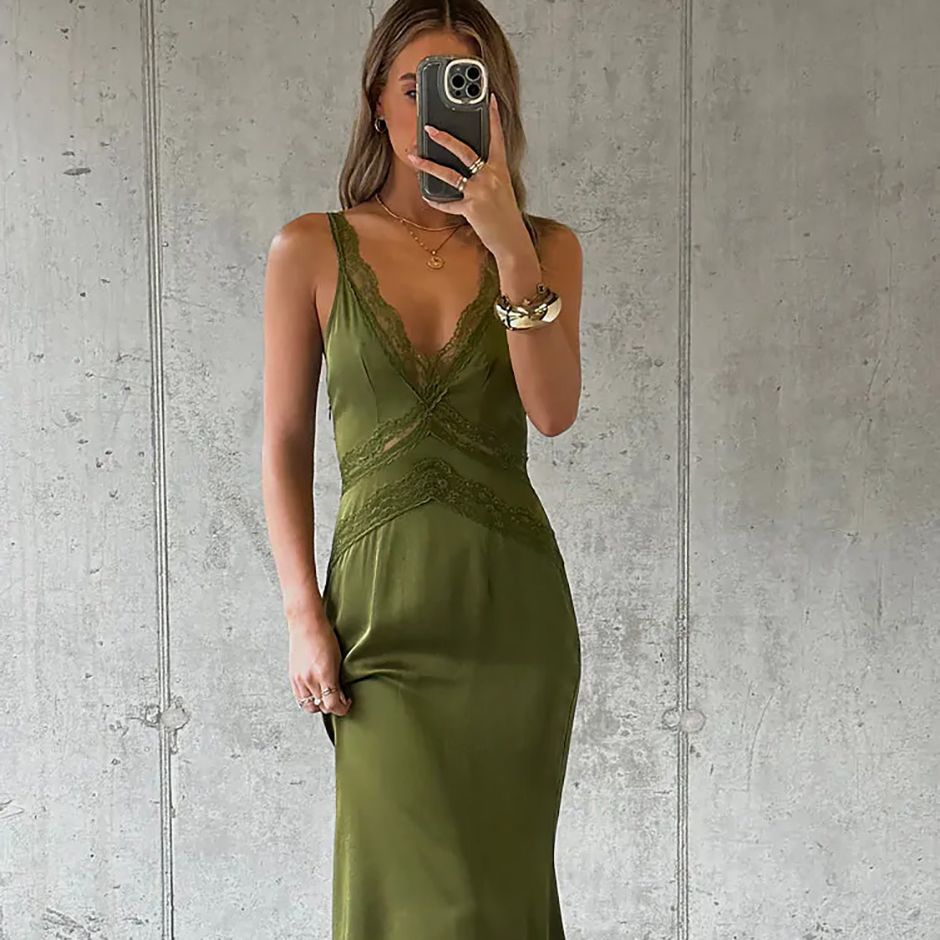 cocktail wedding guest dress from never fully dresses in olive green with lace detailing along the straps, neckline and through the bodice