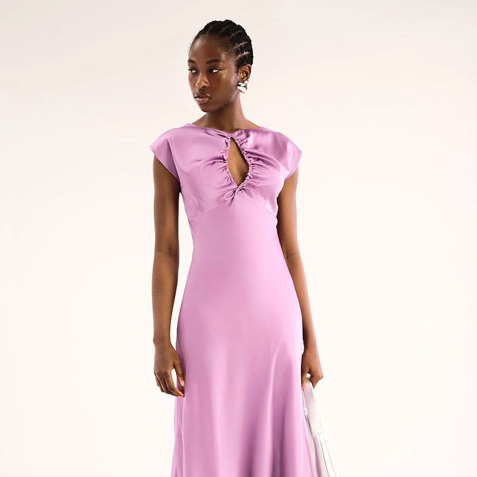 cocktail wedding guest dress in lilac satin, with midaxi length and keyhole design