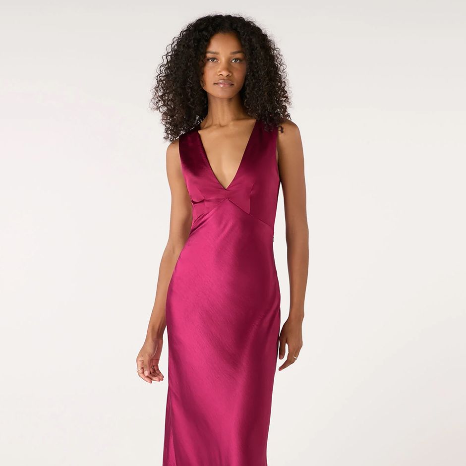 satin cocktail wedding guest dress in magenta with open back