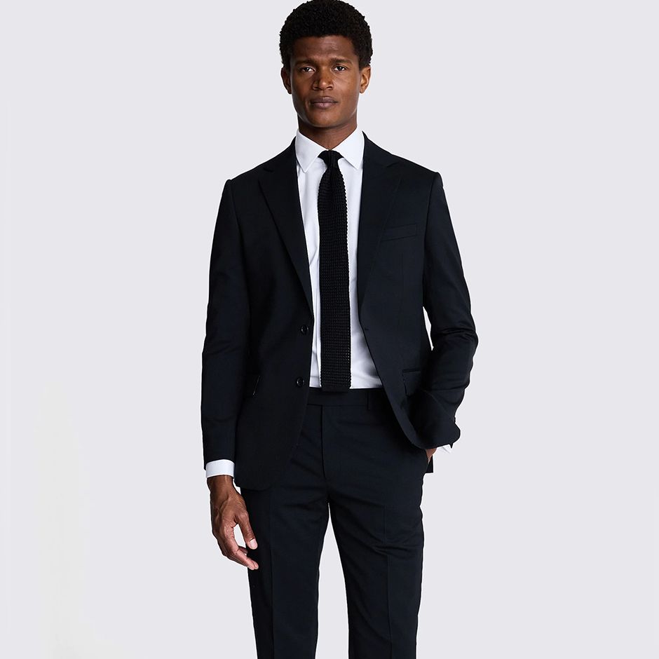 black tailored-fit wedding guest suit for cocktail dress code