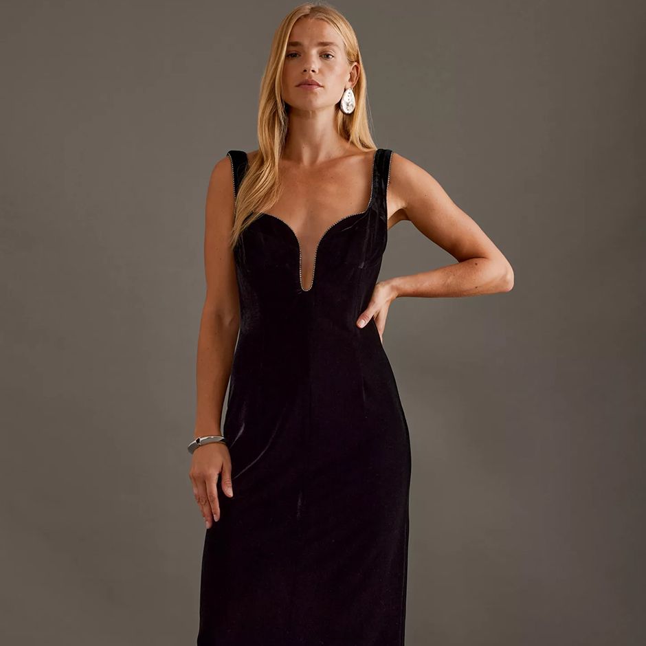 midi silhouette with a sculptured, plunging neckline trimmed with shimmering diamanté details for black tie weddings.