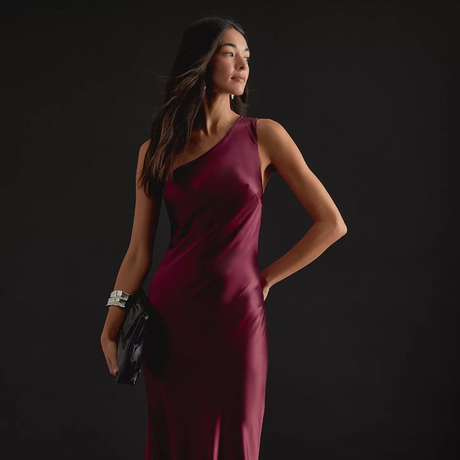 wine-coloured slip satin maxi dress with one-shoulder for black tie wedding guests