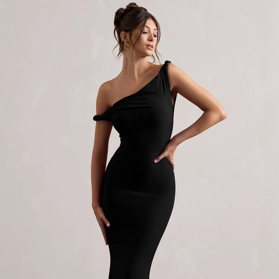 bodycon maxi black tie wedding guest dress from Club L London, featuring premium stretch jersey and asymmetric neckline