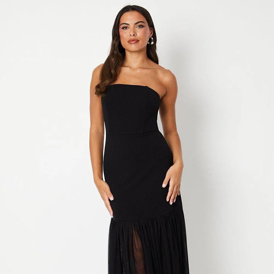 crepe black tie wedding guest dress with tulle skirt and bandeau neckline