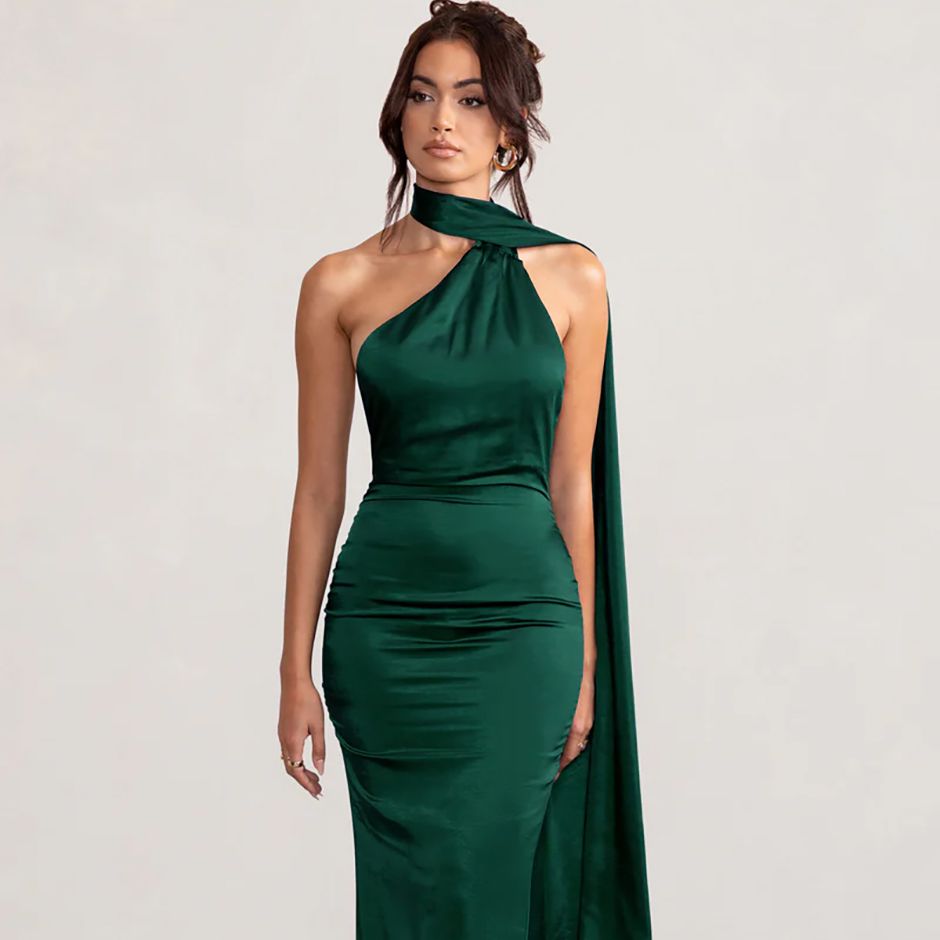  bottle green satin black tie wedding guest dress with asymmetric scarf neck, and cowl back detail