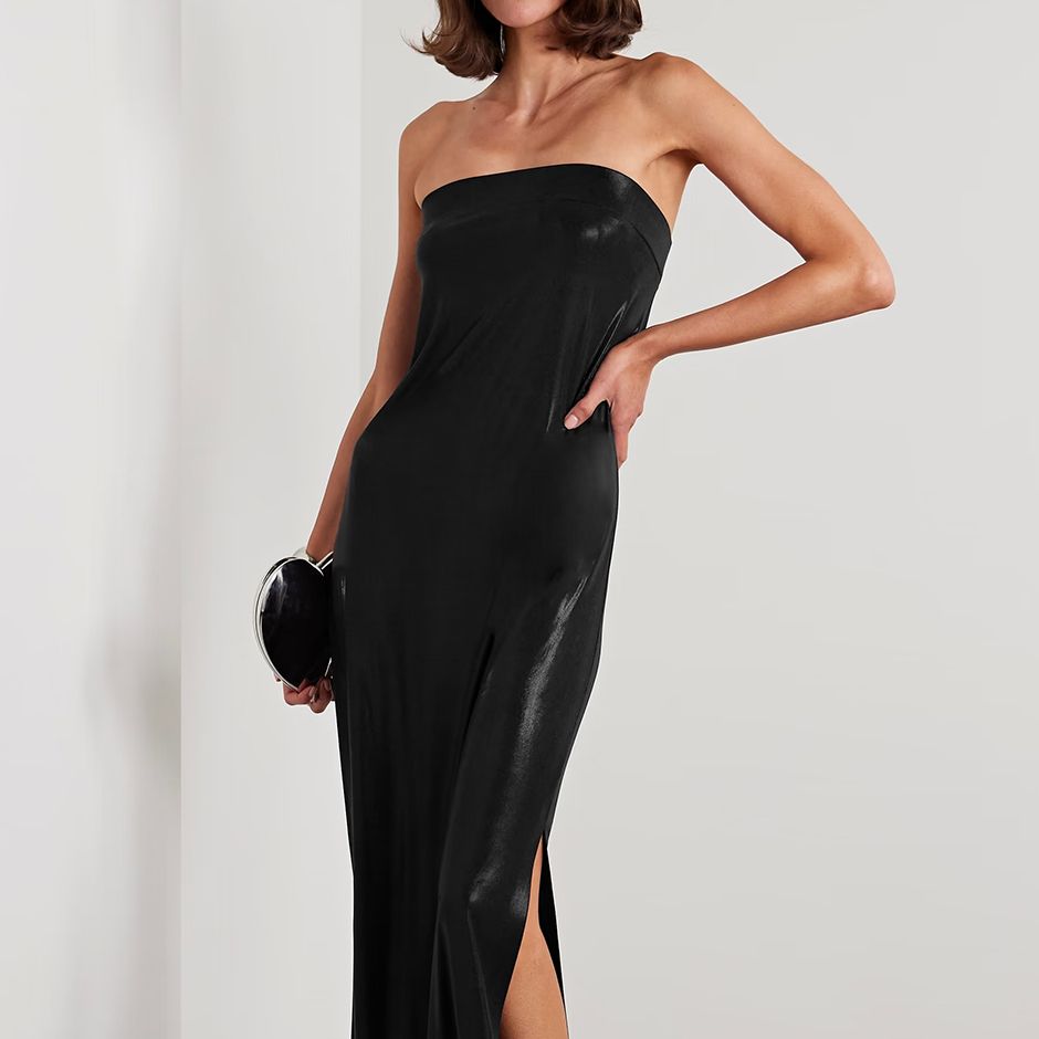 Strapless stretch-lamé maxi dress for black tie wedding guests