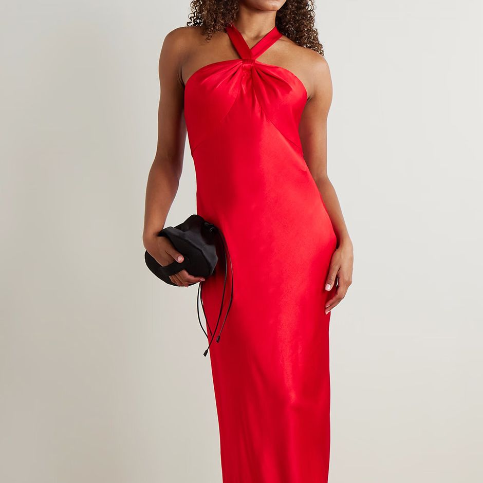 satin red maxi dress for black tie weddings with halter neckline