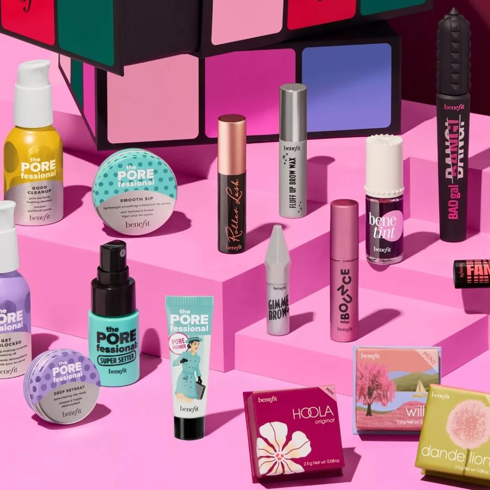 Benefit advent calendar 2025 lifestyle image of cube calendar with product selection