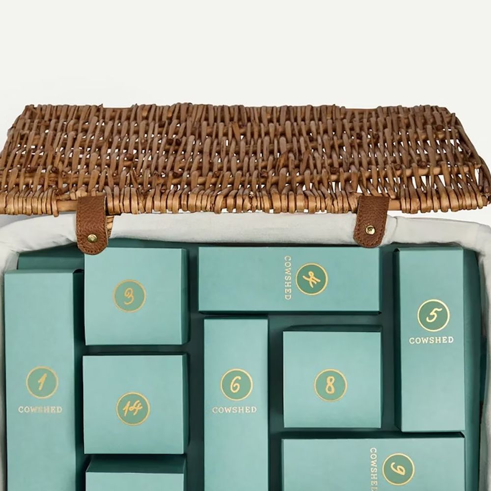 Cowshed beauty advent calendar 2025 view of inside the basket with numbered products