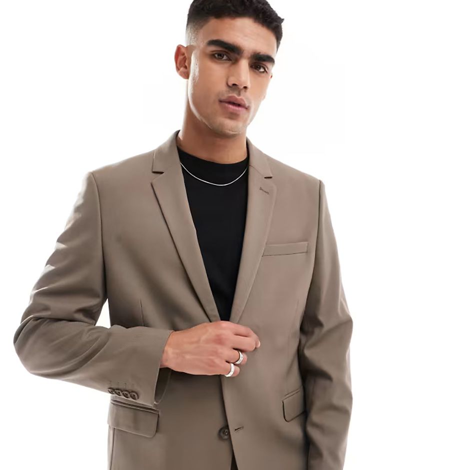 slim fit suit jacket in light brown as casual wedding attire idea for men