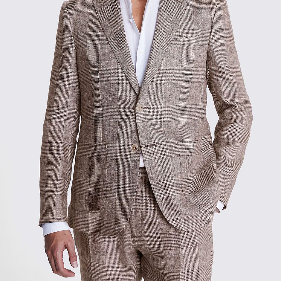 slim fit brown check linen suit as casual wedding attire idea for men