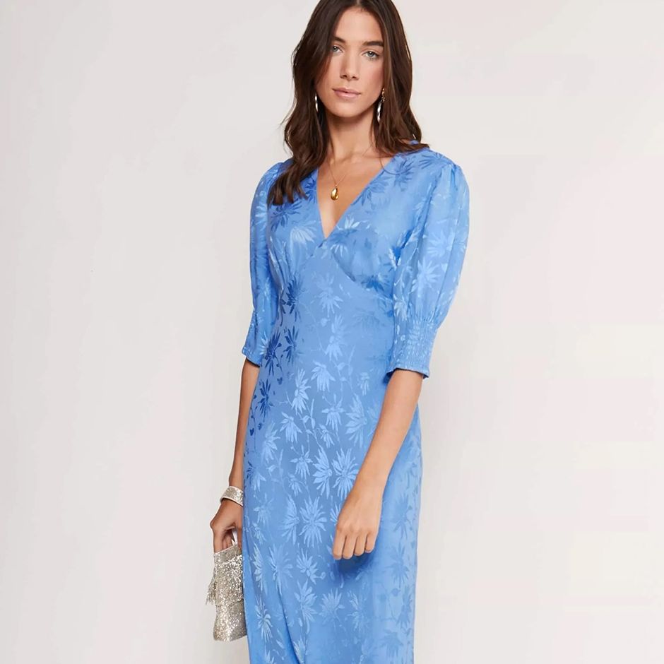 casual wedding dress from rixo in blue with daisy jacquard print