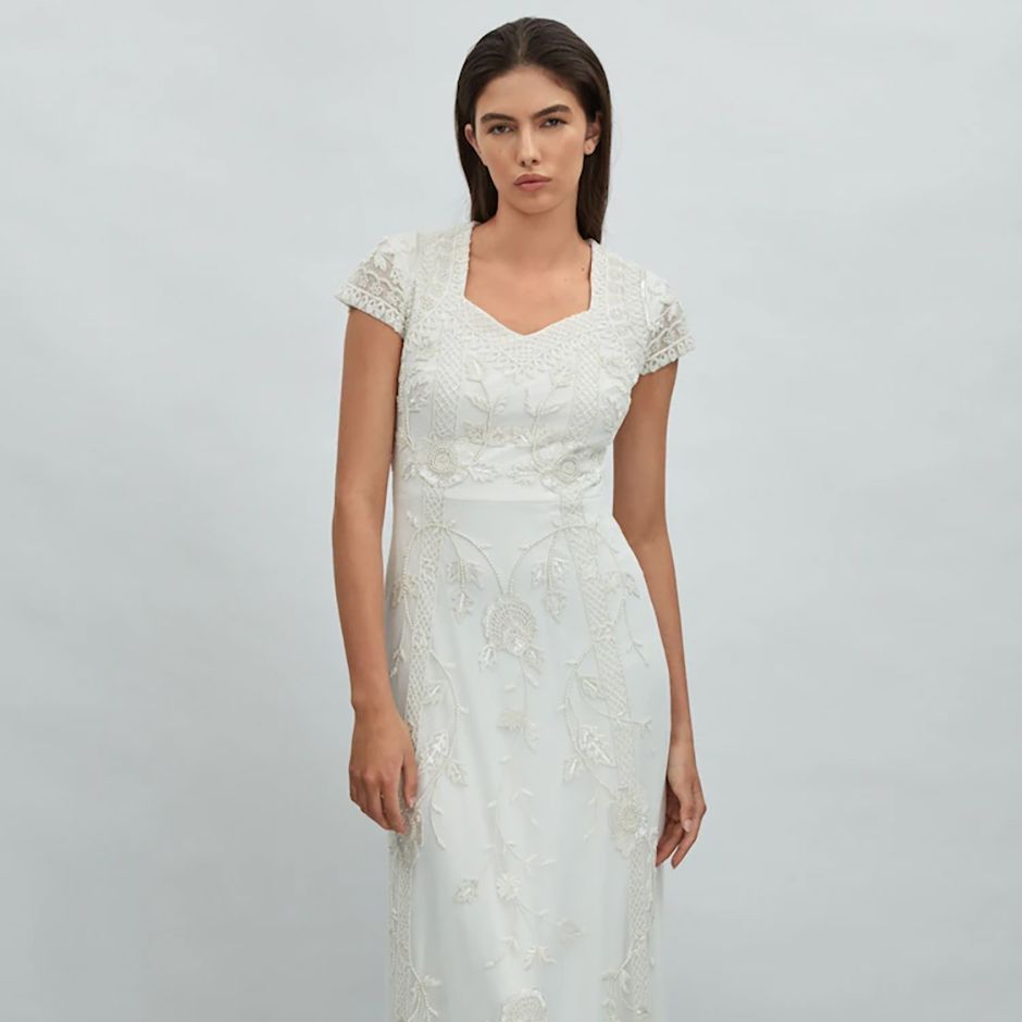 vintage style wedding dress with delicate floral beading, cap sleeves and v neckline