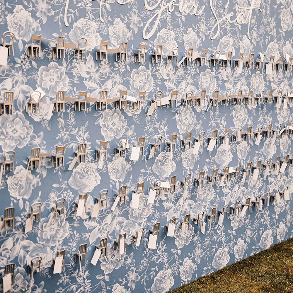 Blue and white floral wedding table plan wall