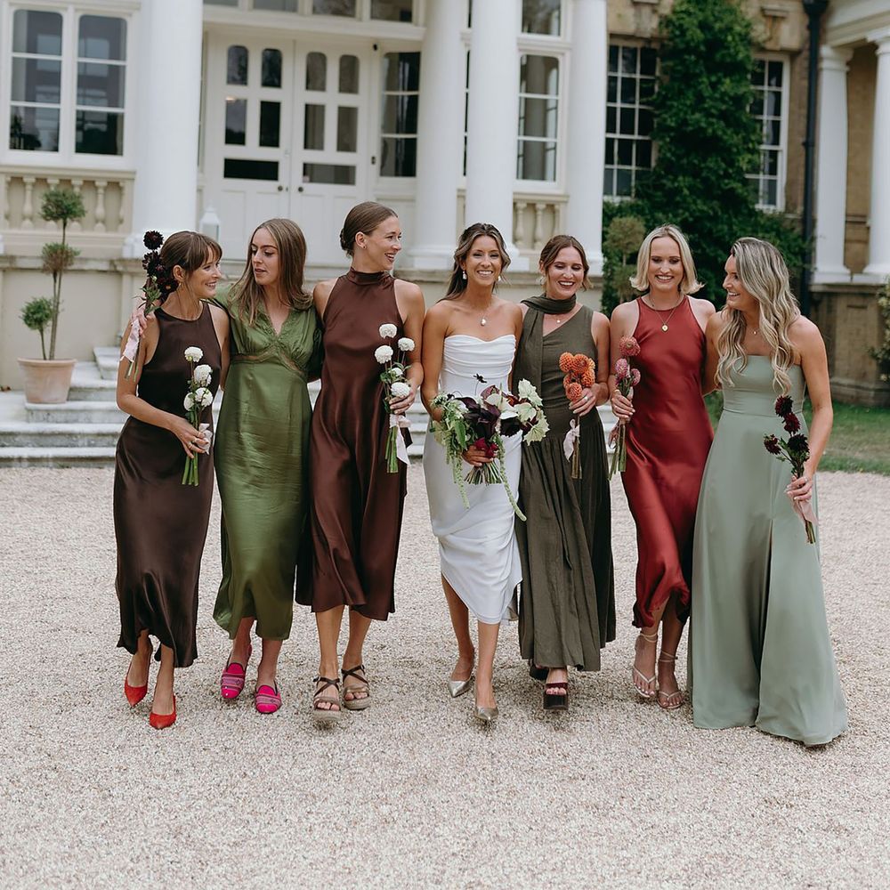 Burgundy, brown and green mismatched bridesmaid dresses