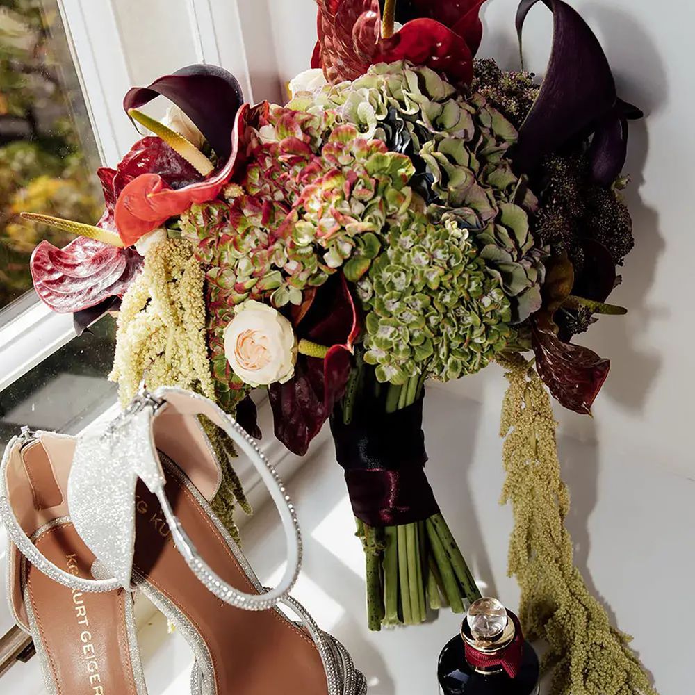 Burgundy and green wedding bouquet