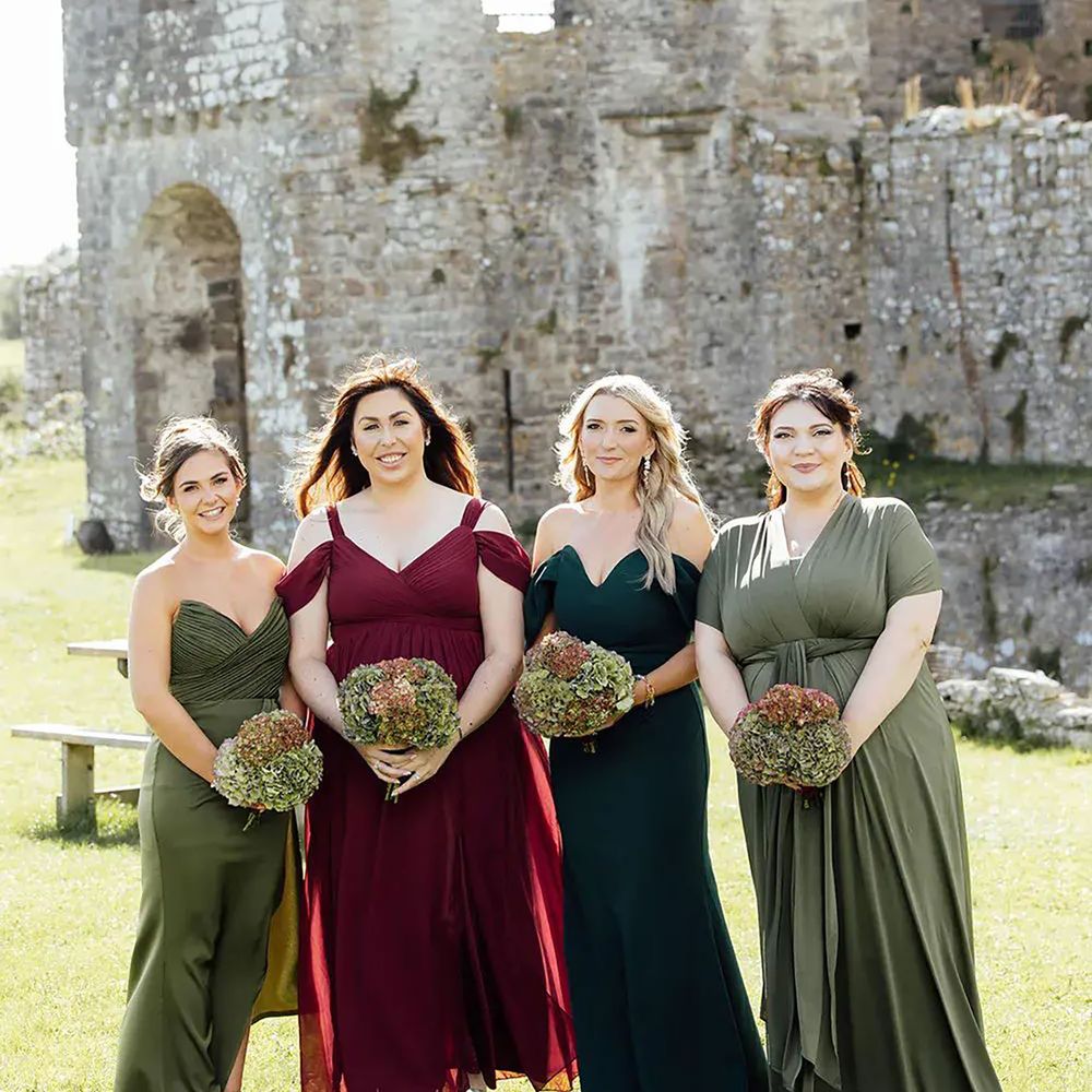 Burgundy and green bridesmaid dresses