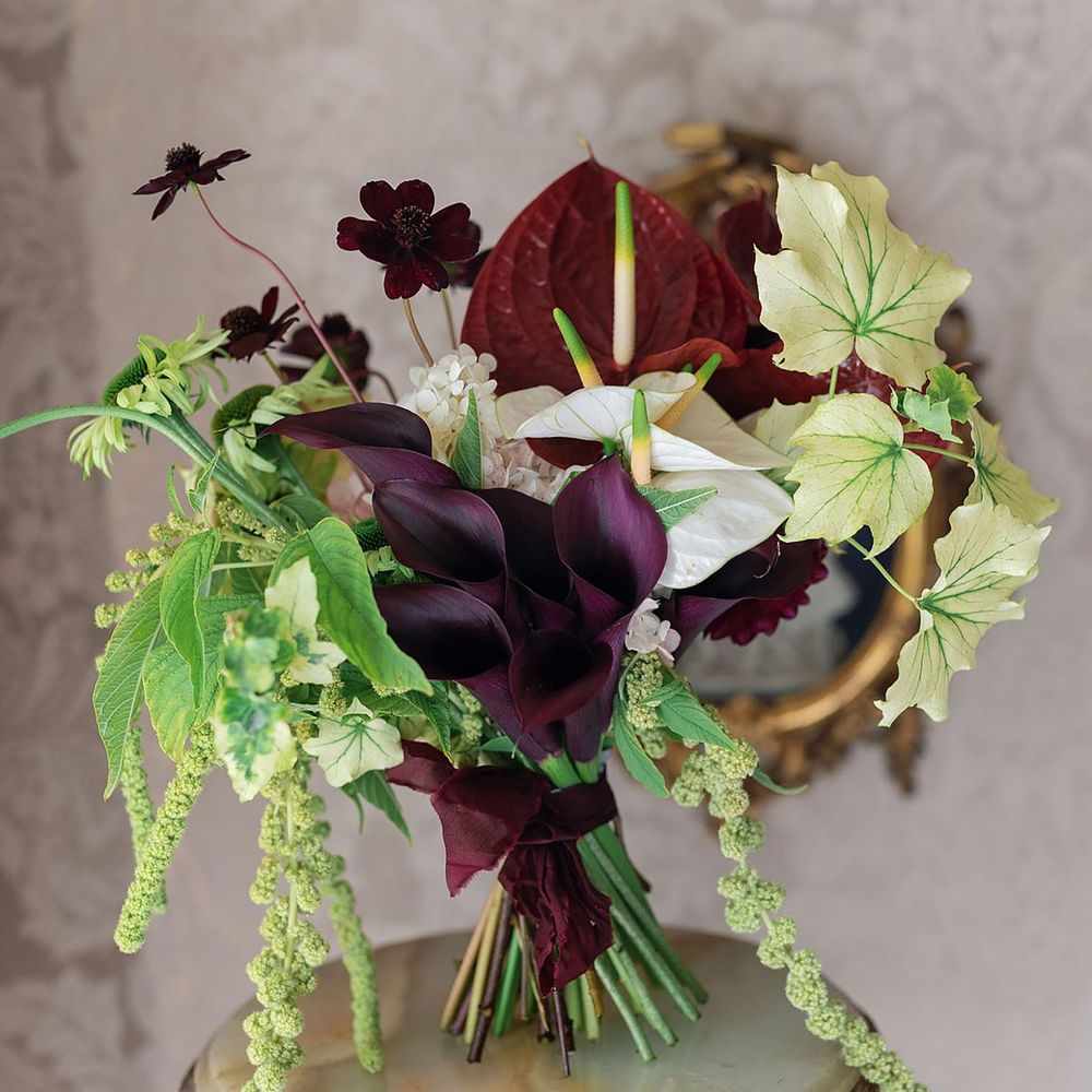 Burgundy and green wedding bouquet