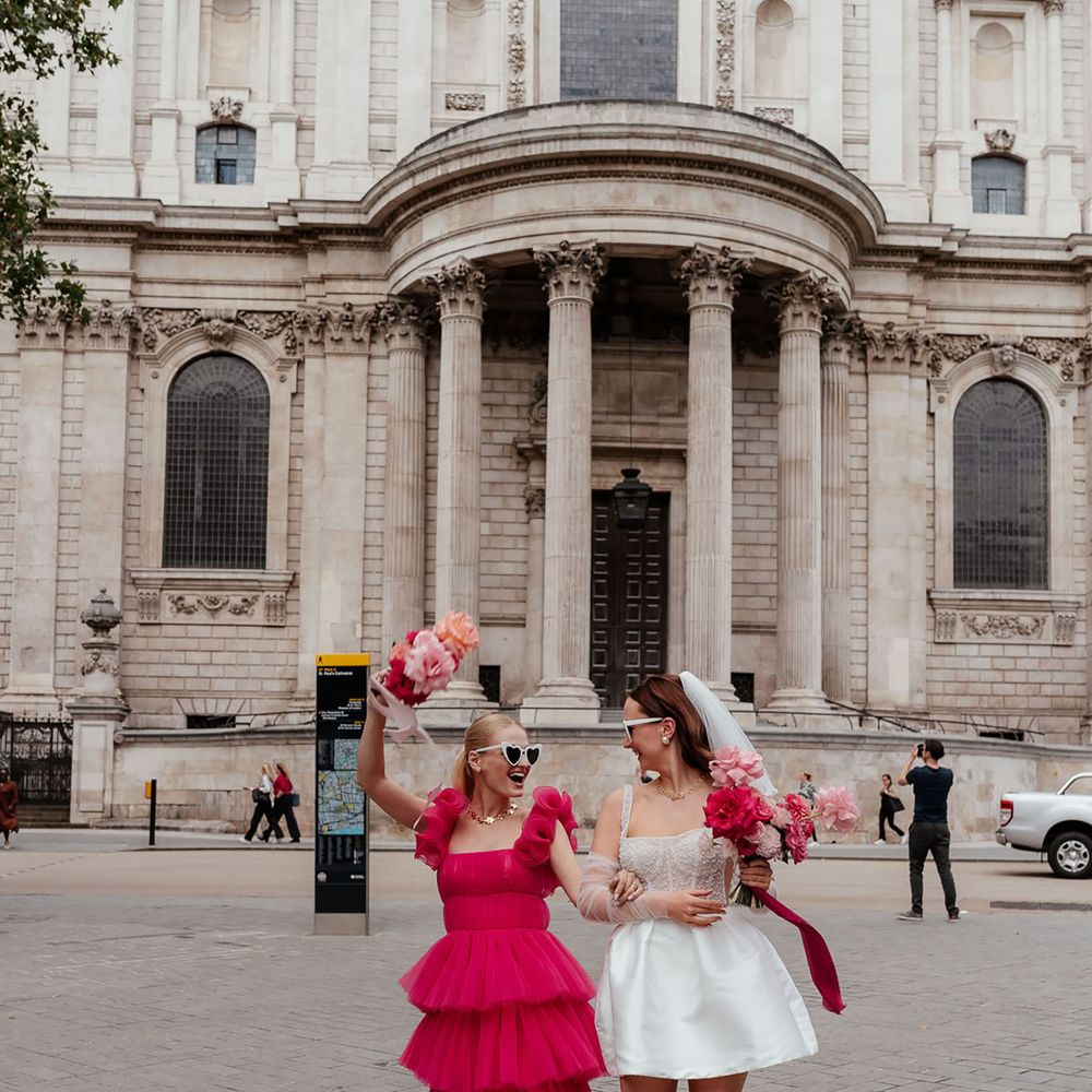 Hot pink layered bridesmaid dress