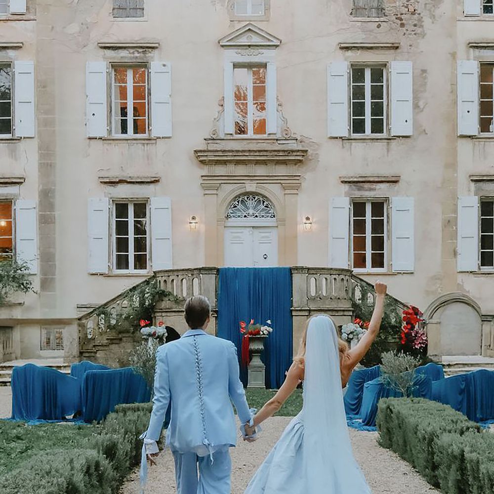 Light blue matching wedding dress and groom suit