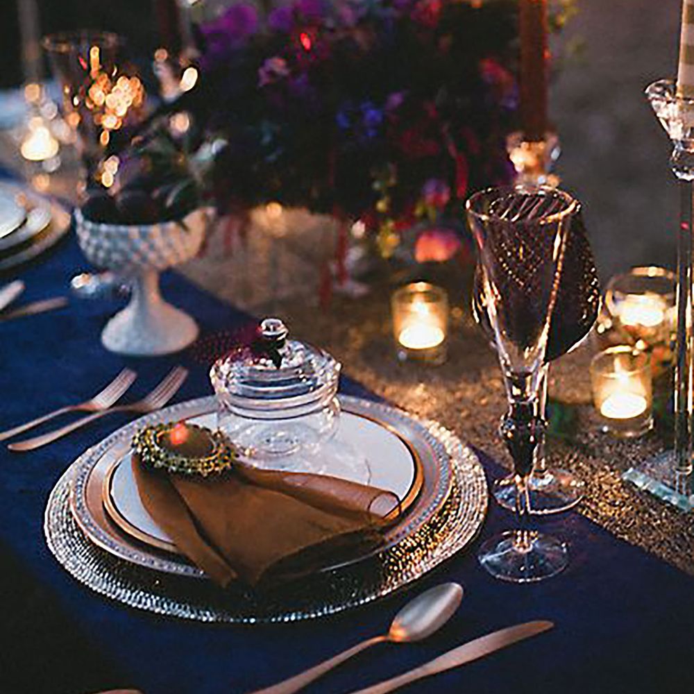 Navy jewel toned wedding tablescape