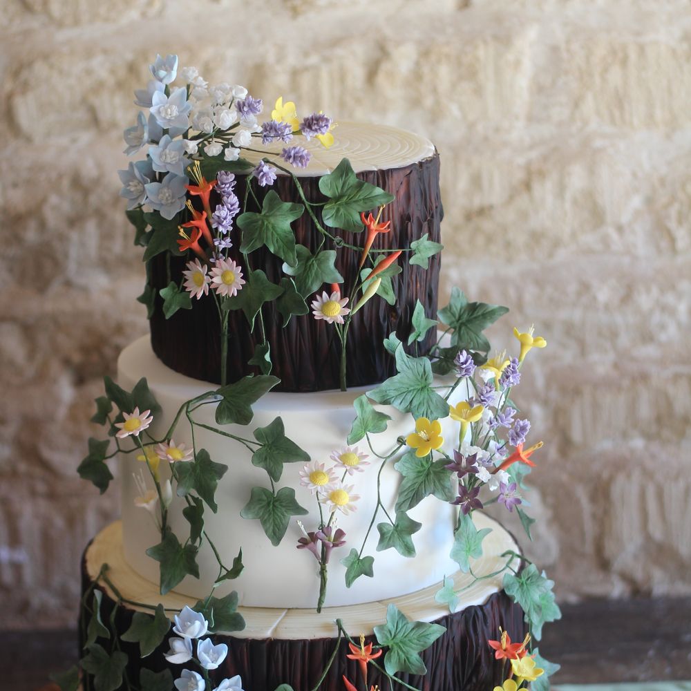 Rustic tree inspired wedding cake with sugar wildflowers