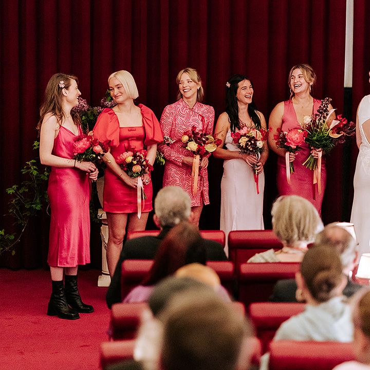 bridal-party-in-pink-mismatched-bridesmaid-dresses