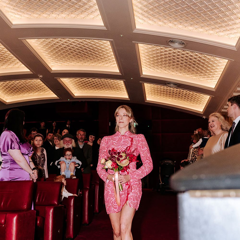 bridesmaid-in-pink-patterned-short-bridesmaid-dress