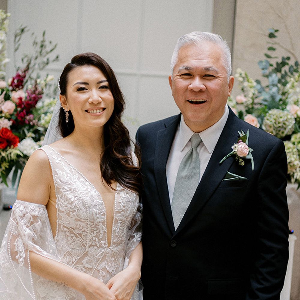 father-of-the-bride-with-the-bride-in-sparkly-floral-lace-wedding-dress
