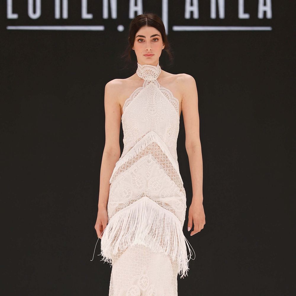 Barcelona Bridal Fashion Week 2025 - Boho Bridal Fringe Detail Wedding Dress - Model on Lorena Panea Catwalk