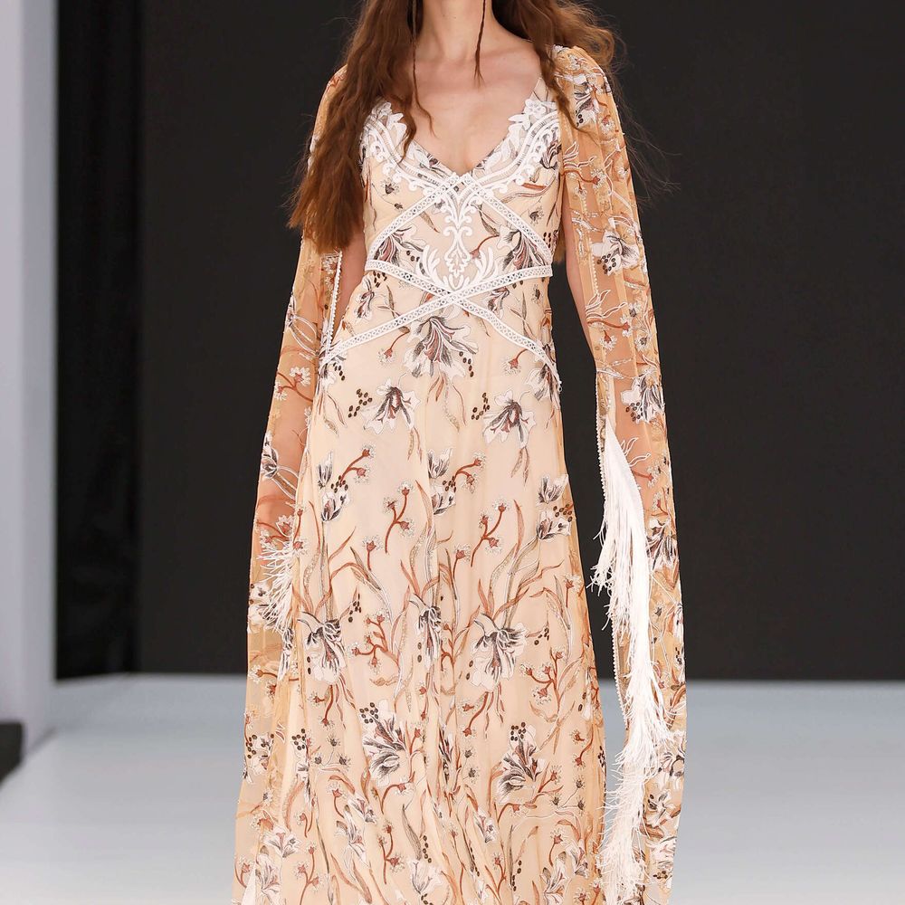 Barcelona Bridal Fashion Week 2025 - Boho Bridal Floral Wedding Dress - Model on Lorena Panea Catwalk