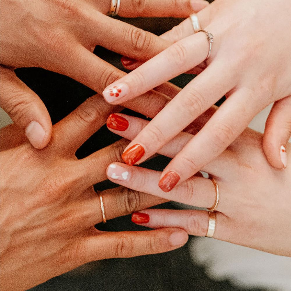 Bride with Short Squoval Nails Painted Terracotta with Flower Nail Art Design