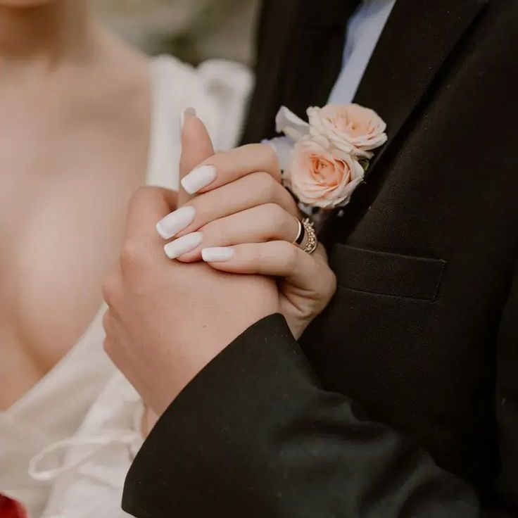 Bride with Square French Tip Classic Wedding Nails