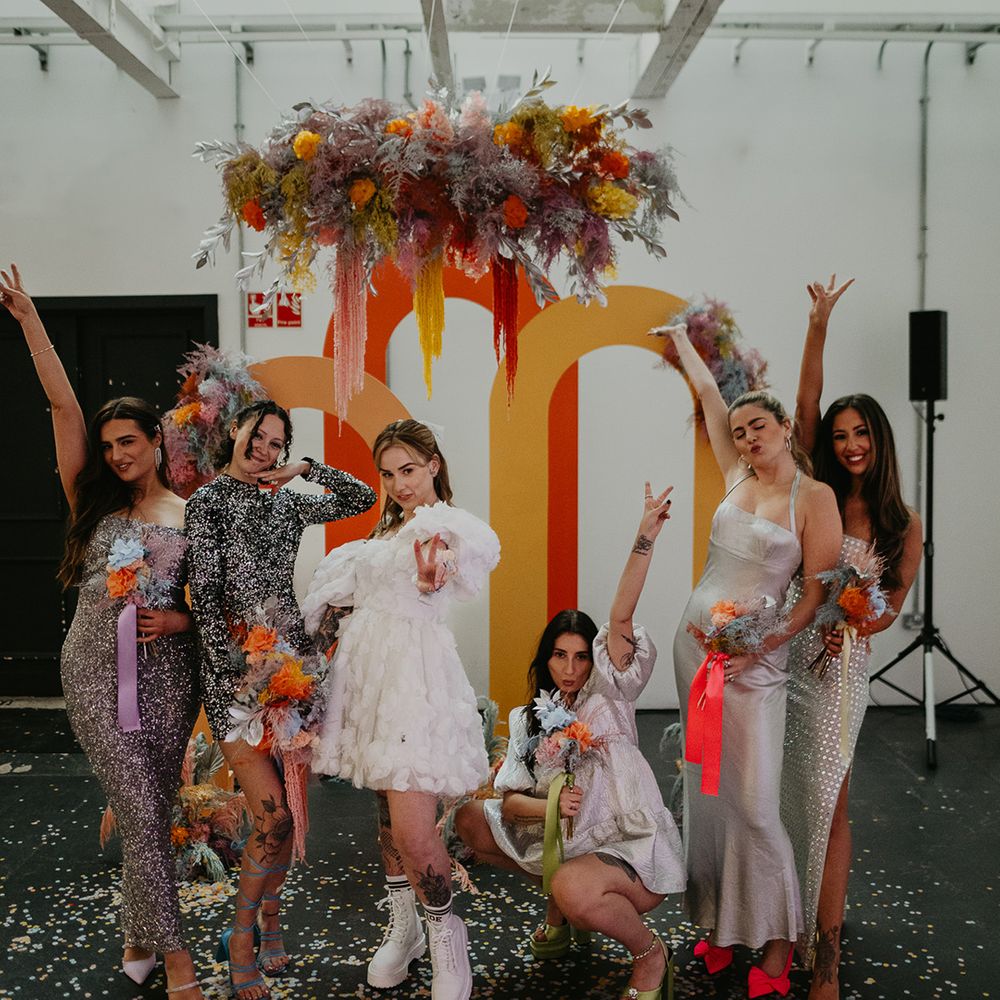 bridal-party-in-silver-dresses-with-neon-shoes