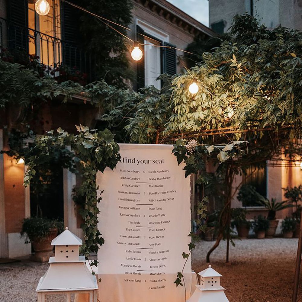 Fabric Monochrome Wedding Table Plan Seating Chart with White Candle Lanterns