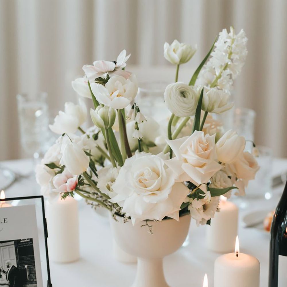 White Flower Table Centrepiece in White Bowl with Candles