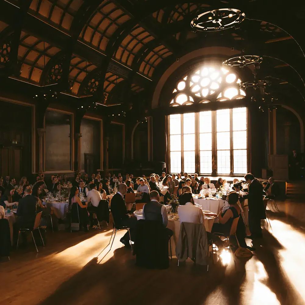 Great Hall wedding reception grand dinner at sustainable wedding venue, Dulwich College