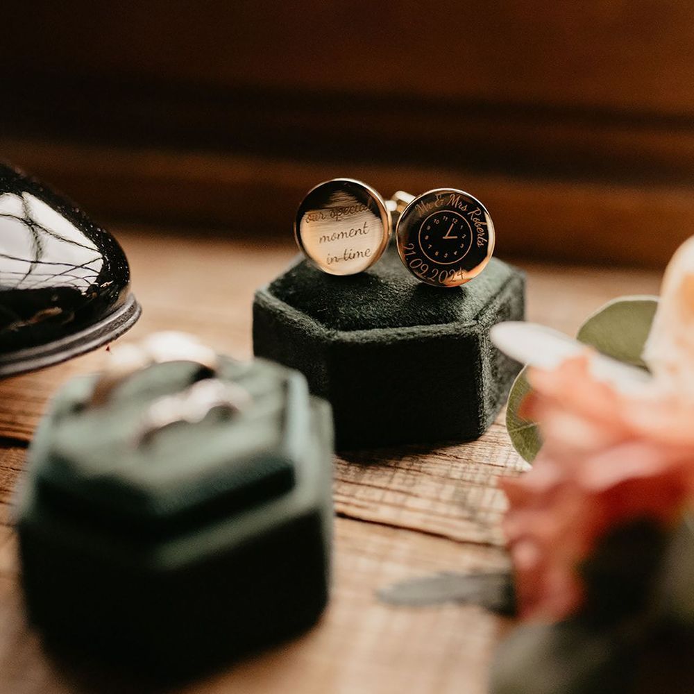 Gold personalised groom clock cufflinks for wedding day
