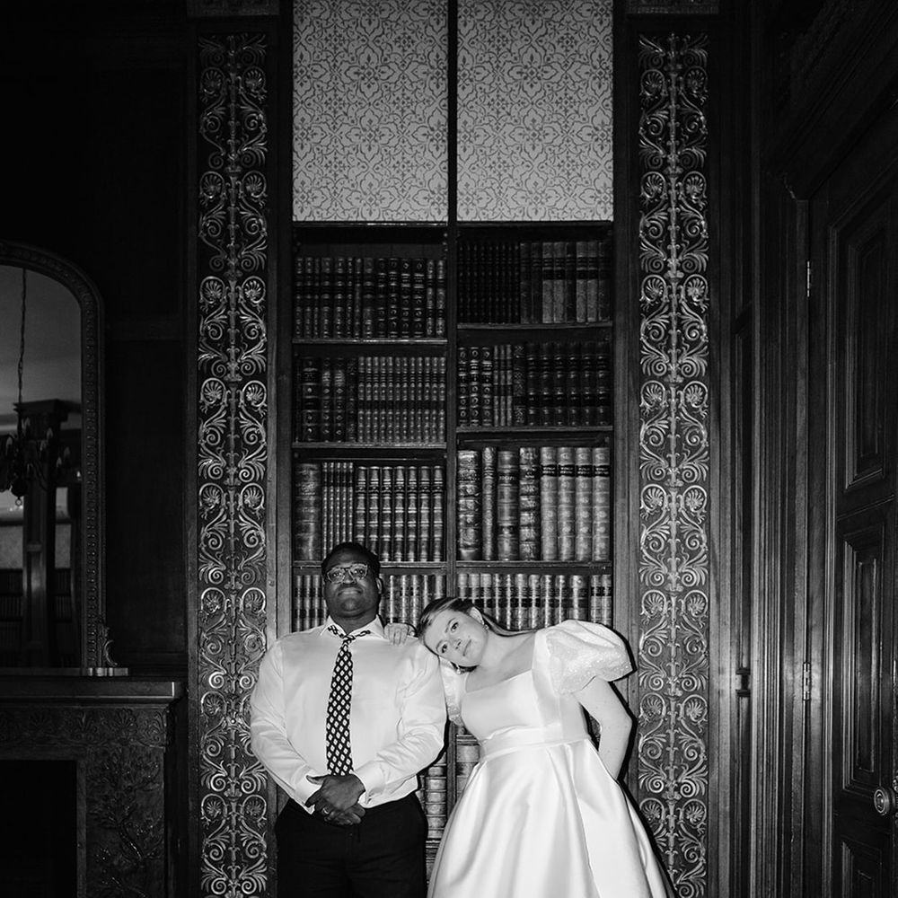 black-and-white-library-wedding-photo