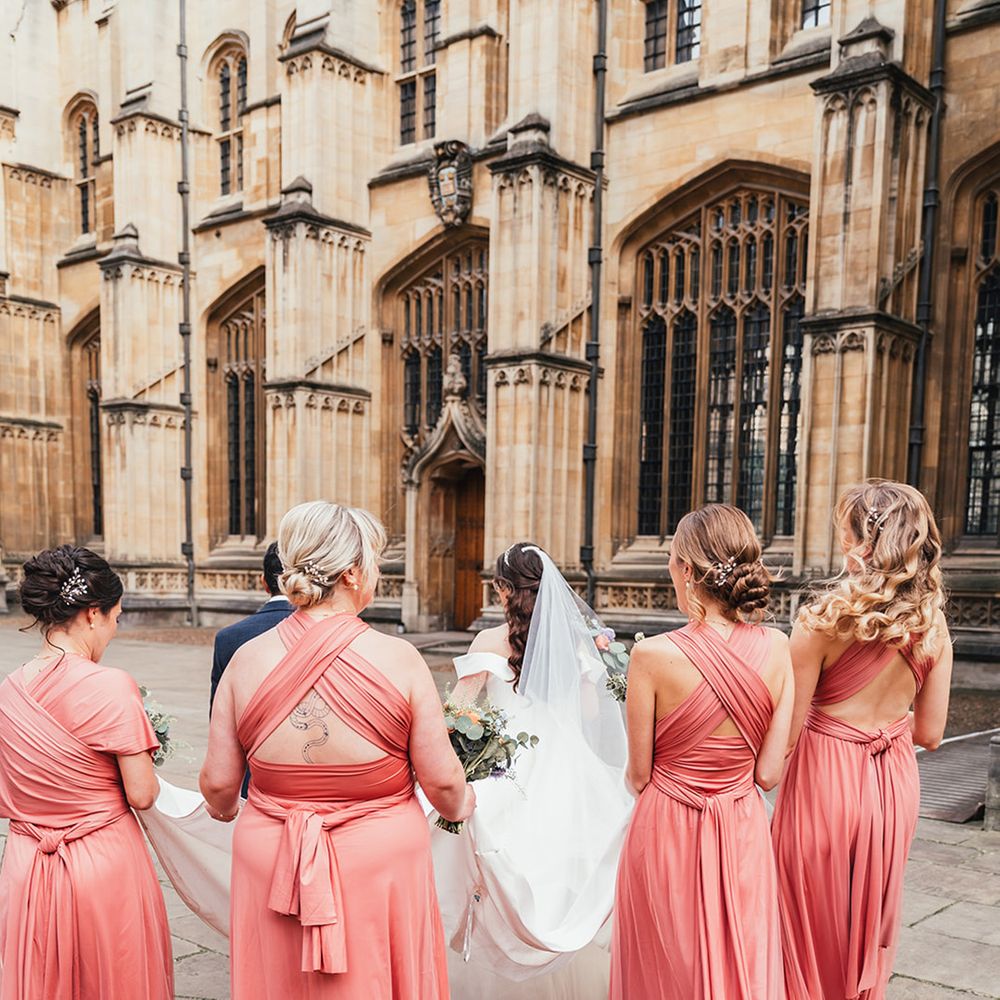 bridesmaids-in-coral-wrap-dresses