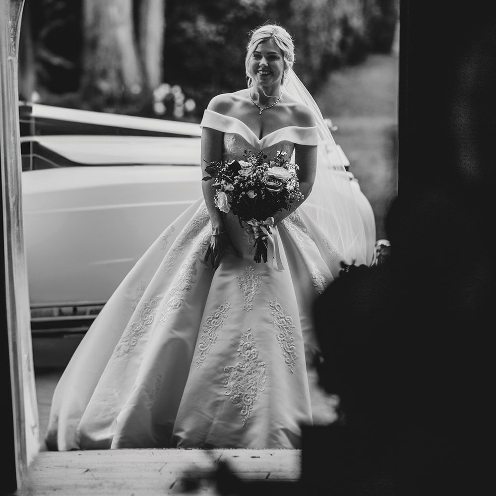 black-and-white-portrait-of-bride-in-off-the-shoulder-gown