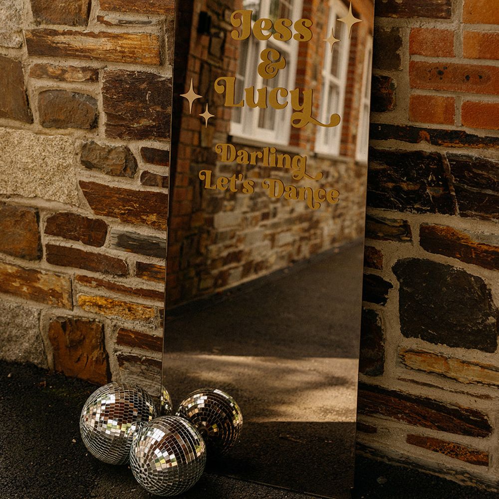 personalised-mirror-wedding-welcome-sign-with-disco-balls