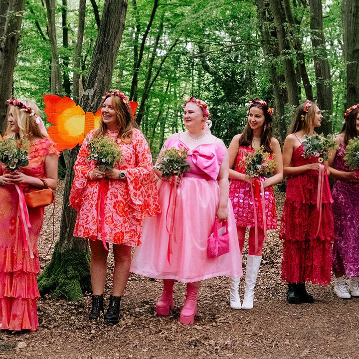 bridal-party-wearing-pink-colourful-bridesmaid-dresses