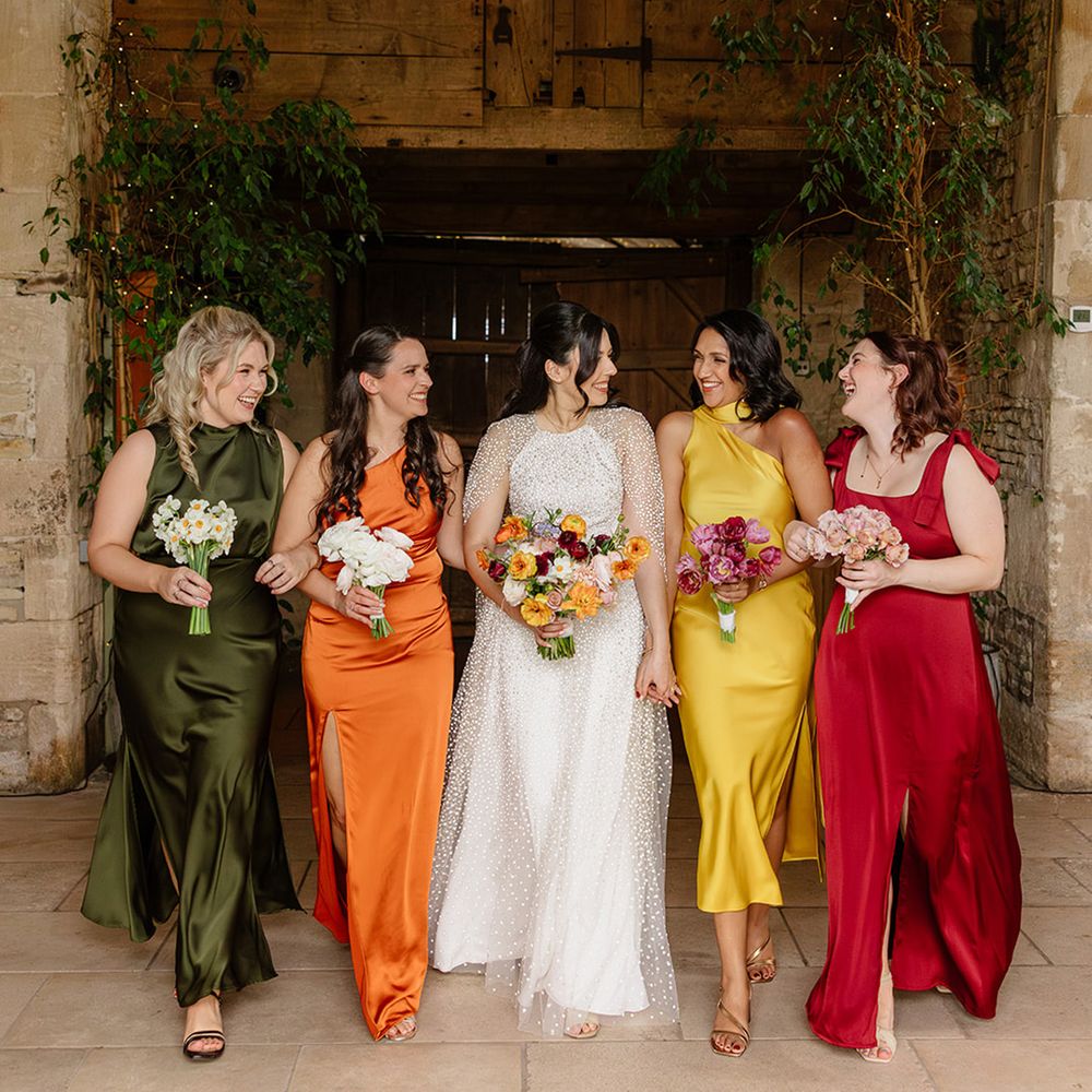mismatched-autumnal-coloured-bridesmaid-dresses