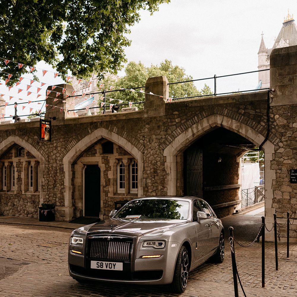 Grey Rolls Royce wedding car to Tower of London