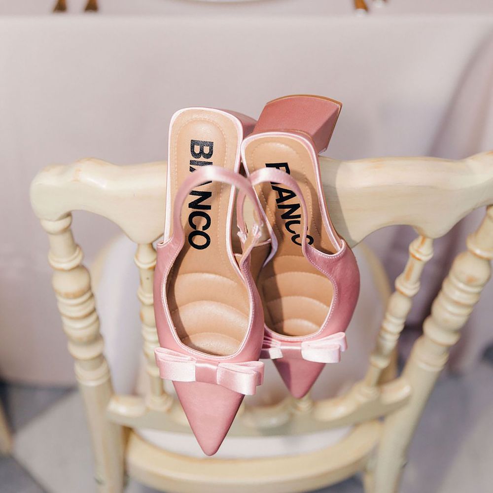 Slingback block heel baby pink bow wedding shoes for bride